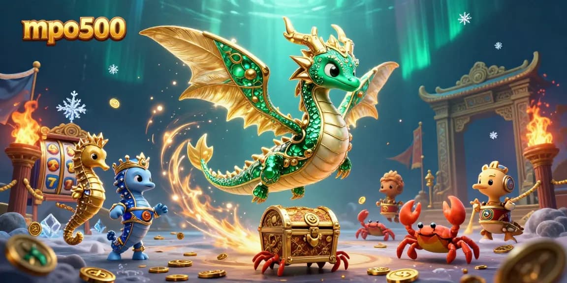 Experience mpo500's exhilarating slot adventure with vibrant sea dragon and treasure details.