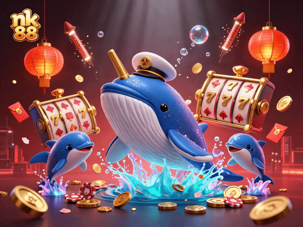 Win big with nk 88 in this vibrant illustration featuring a playful casino scene.