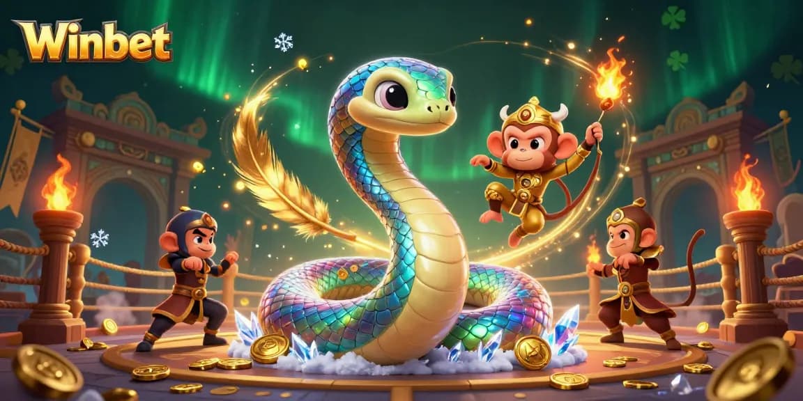 Experience thrilling gameplay with Winbet, featuring a vibrant 3D illustration of a rainbow serpent, monkey king, and magical elements.