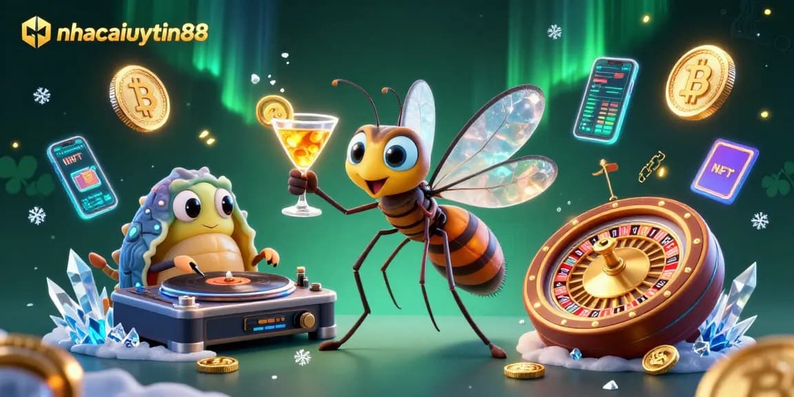 Experience excitement at nhacaiuytin88 with vibrant casino mascots and crypto elements around!