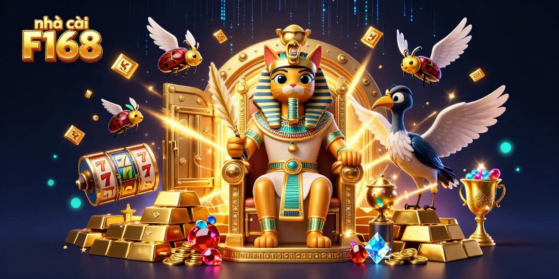 Engage with the excitement at nhà cái F168 featuring a magical 3D illustration of riches, slot gaming elements, and energetic characters.