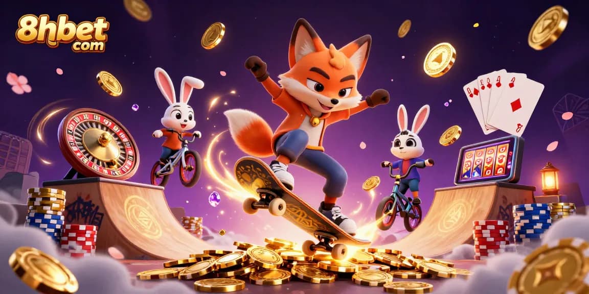 Engage with 8xbet com's vibrant 3D casino illustration showcasing a fox skateboarder and rabbit BMX rider amidst dynamic gambling elements.