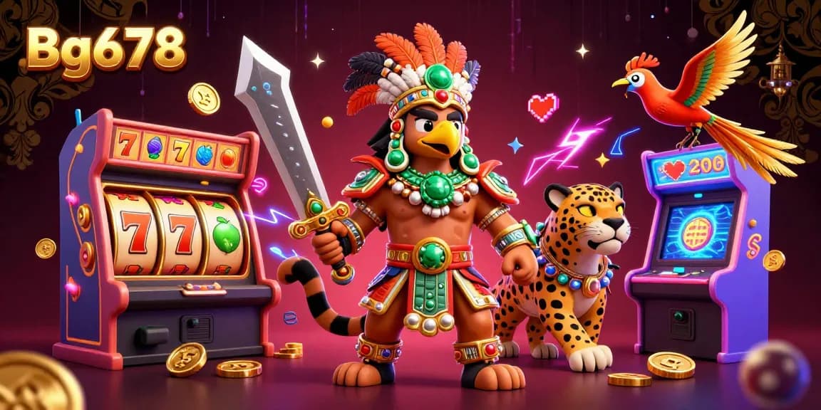 Engage with exciting games at Bg678, featuring vibrant 3D illustrations of Aztec warriors amidst casino symbols.