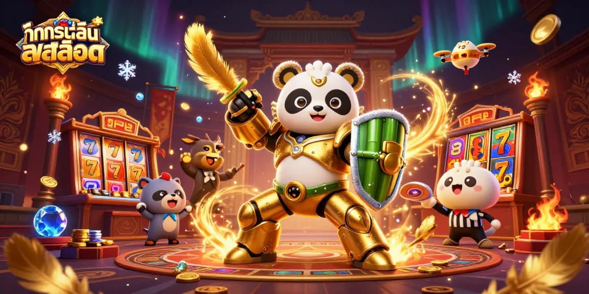 Try ทดลองเล่นสล็อต with our 3D mech-suit panda battling in a vibrant casino arena.