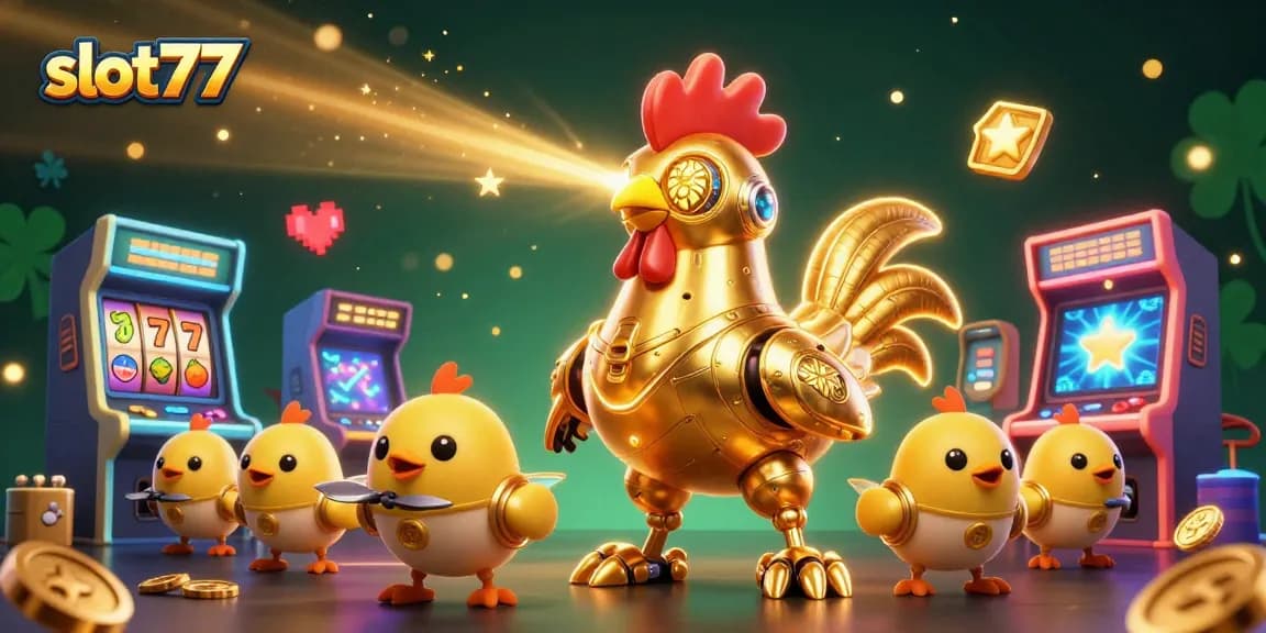 Spin the reels at slot77 with a golden rooster robot leading colorful casino elements.