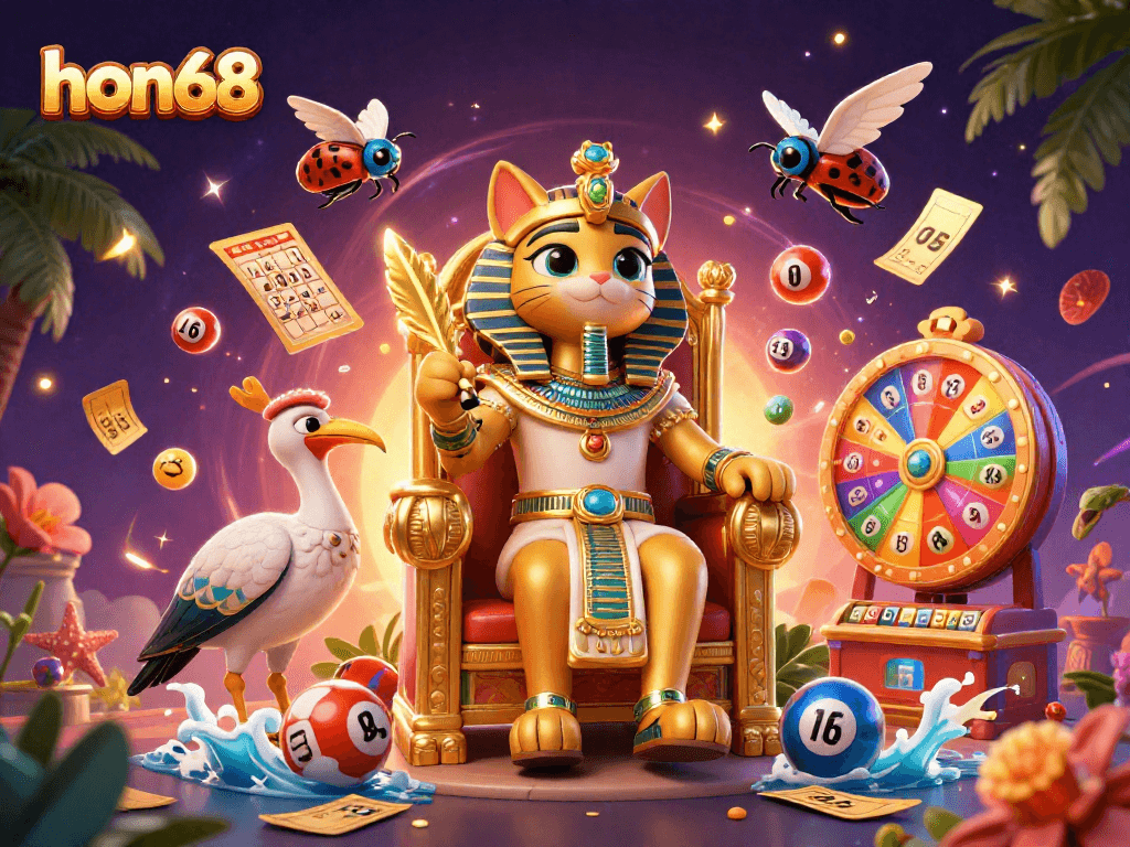 Experience the excitement of hon68 with illustrated Egyptian themes and vibrant lottery elements.