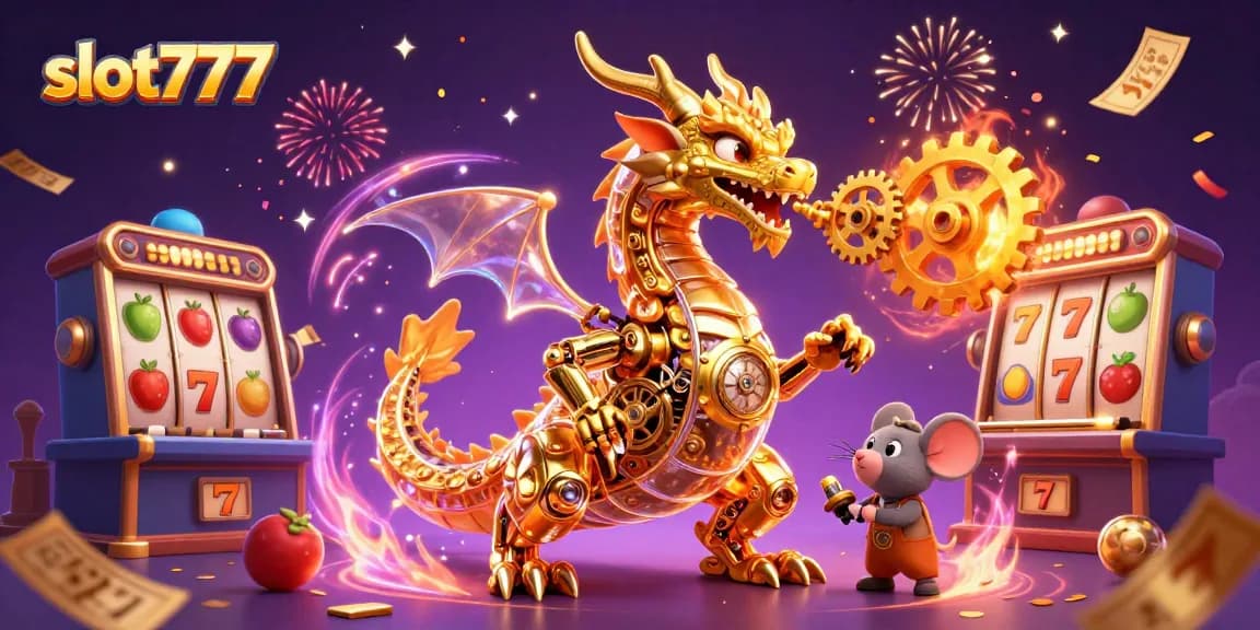Experience slot777 excitement with a golden dragon and treasure-laden slot games in a vibrant scene.