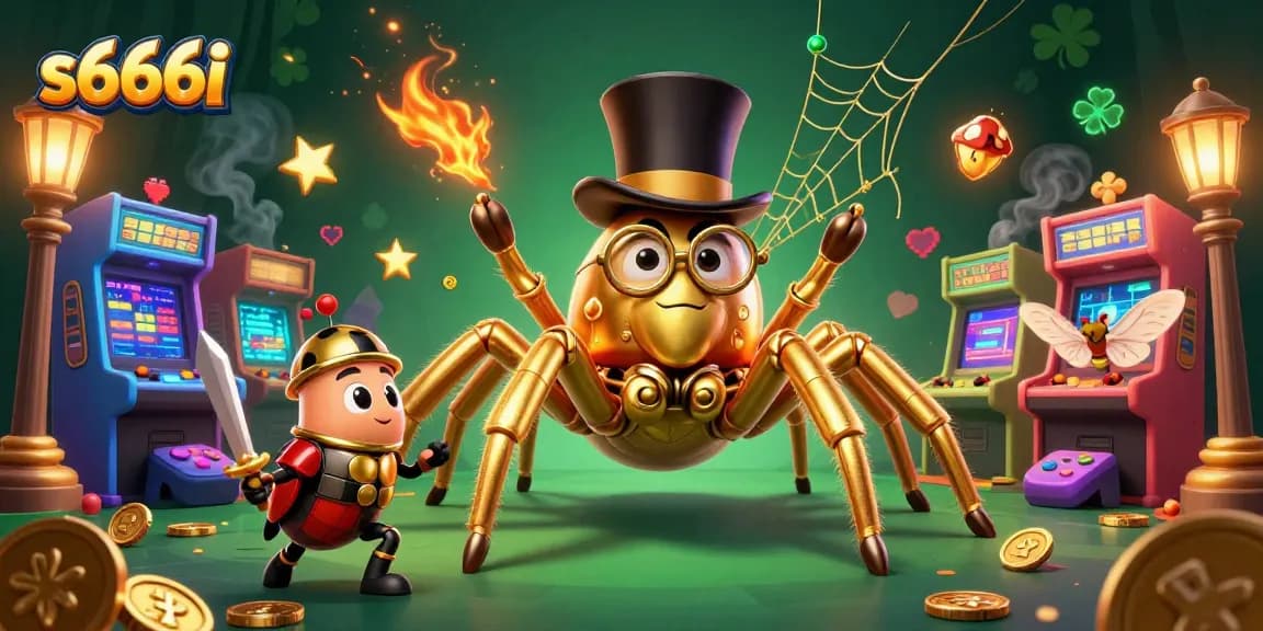 Experience the thrilling gaming action at s666i with a captivating 3D illustration of a golden tarantula and adventurous knight.