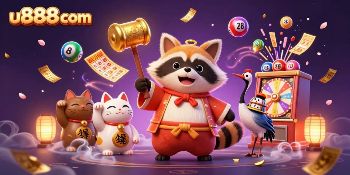 Engage with u888com and enjoy vibrant lottery excitement with animated 3D characters celebrating wins.