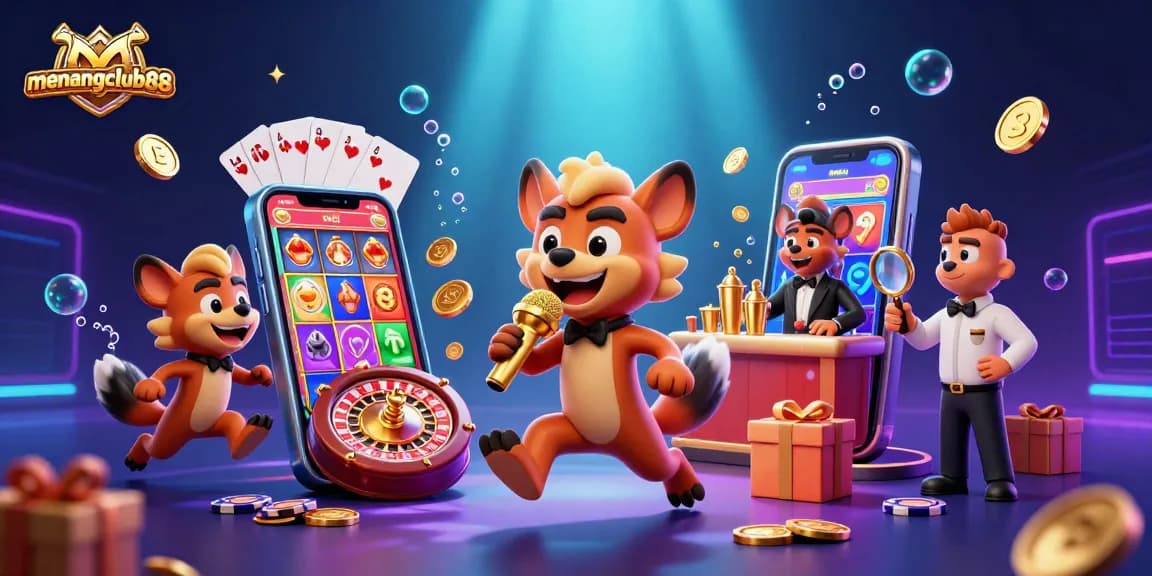 Experience the fun at menangclub88 with lively hyenas in a vibrant casino scene.