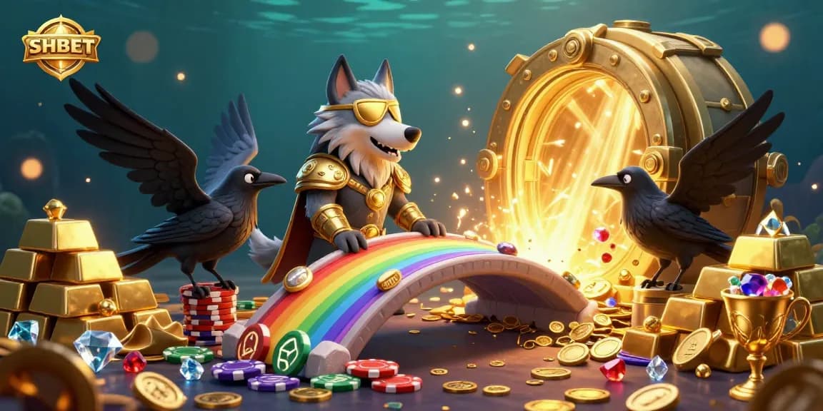 Experience the thrill of SHBET with an illustrated scene featuring Norse-inspired characters amidst casino elements and treasures.