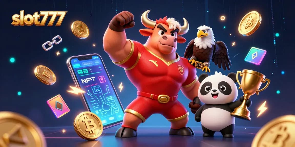 slot777 Menangkan trofi emas bersama panda dalam ilustrasi kasino digital yang penuh energi.