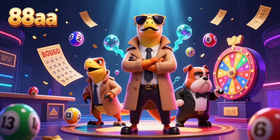 Play exciting lottery games at 88aa with colorful numbered balls flying dynamically around three clever raptors.