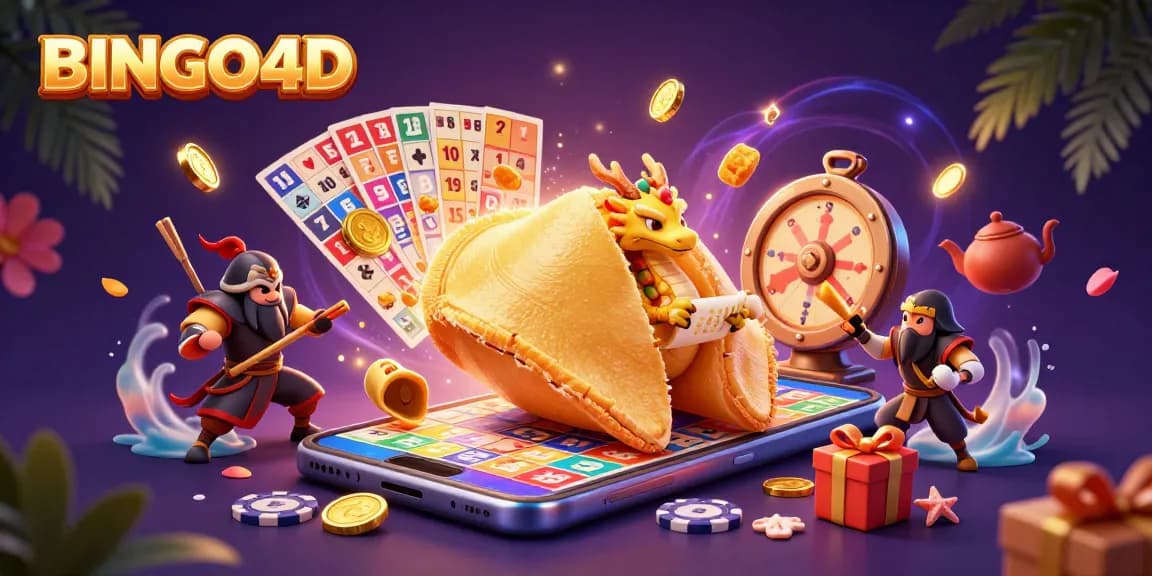 Mengikuti keseruan permainan BINGO4D dengan karakter unik seperti kue keberuntungan dan naga bijaksana dalam ilustrasi 3D