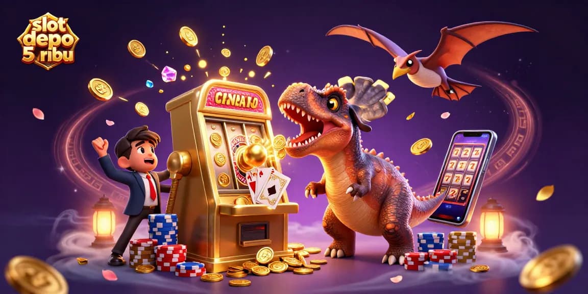 Experience the excitement of "slot depo 5 ribu" with a thrilling 3D illustration of unique casino characters amidst golden coins.