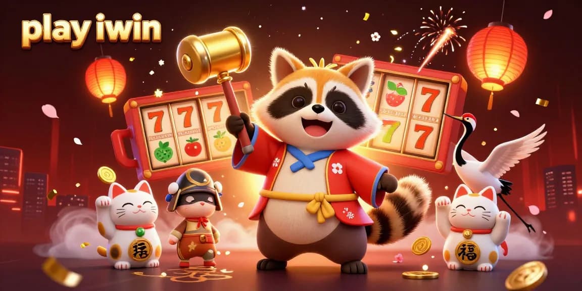 Play iwin with a vibrant 3D illustration featuring a cheerful tanuki and casino elements.
