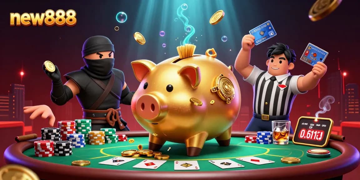 Experience the excitement of new888 with a vibrant 3D scene featuring lively casino characters and poker elements.