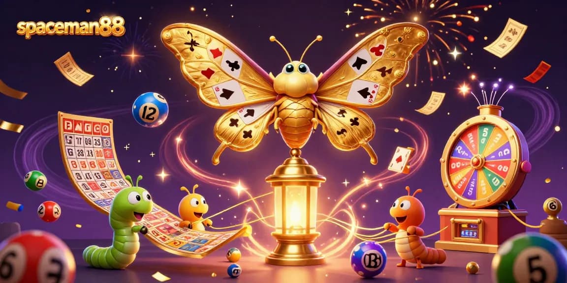 Engage with spaceman88, where a vibrant scene of golden moths and casino elements brings gameplay to life.