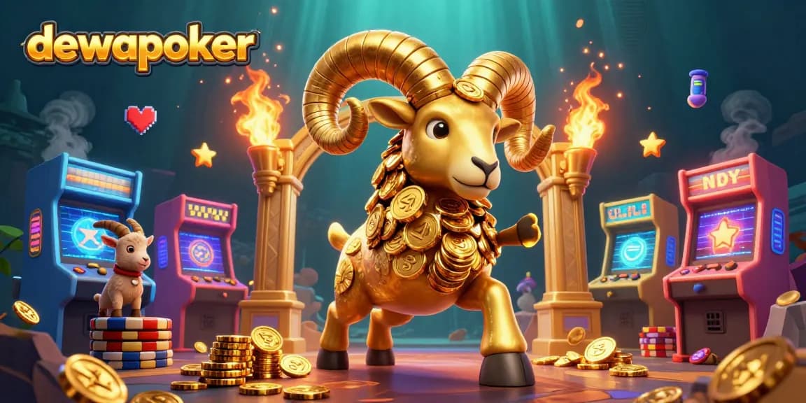Dewapoker menghadirkan kesempatan bermain dengan ram emas bertanduk besar di latar belakang kasino digital yang hidup.