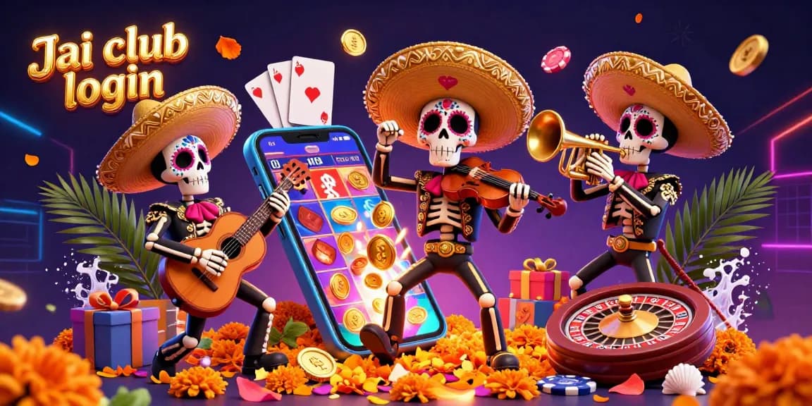 Engage with the Jai club login scene, featuring a mariachi band among colorful casino elements.