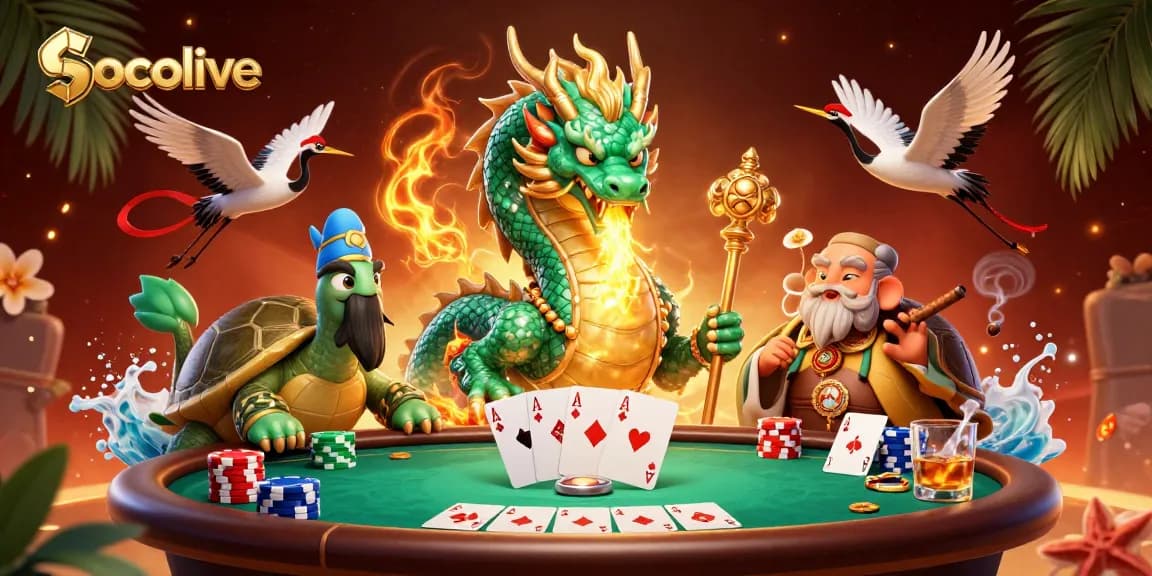 Socolive captures high-stakes poker action with a fabulous dragon and turtle in a vivid casino scene.