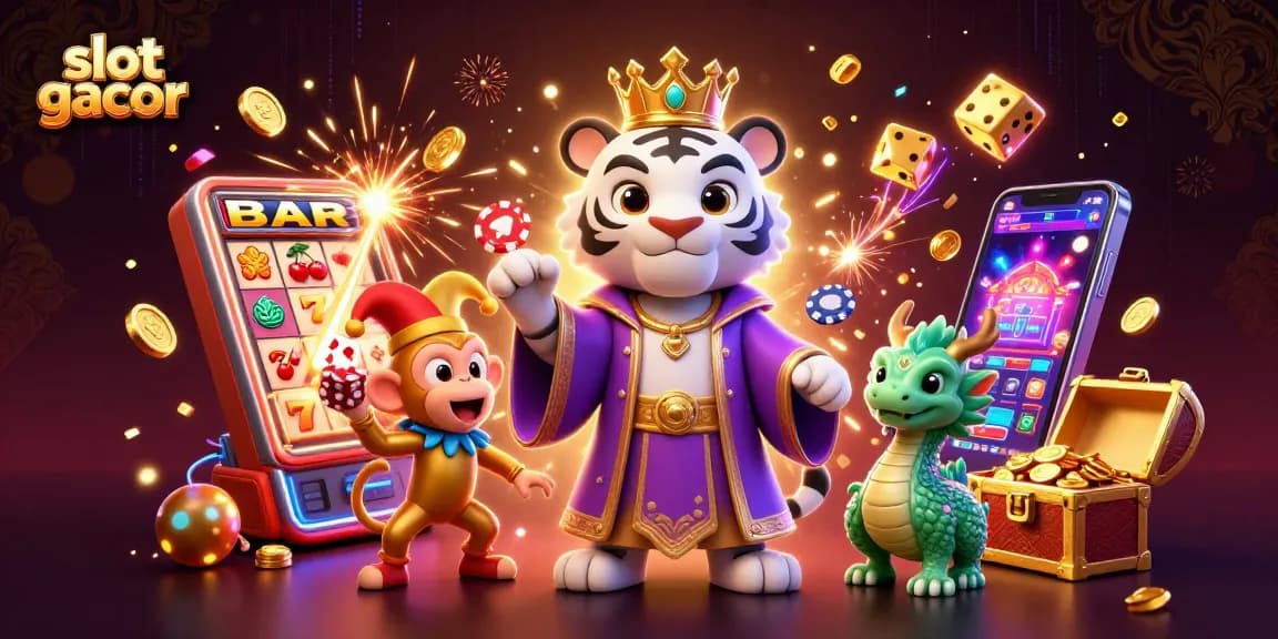 Spin the reels for jackpot thrills at slot gacor, featuring a lively tiger, monkey, and dragon amidst casino excitement.