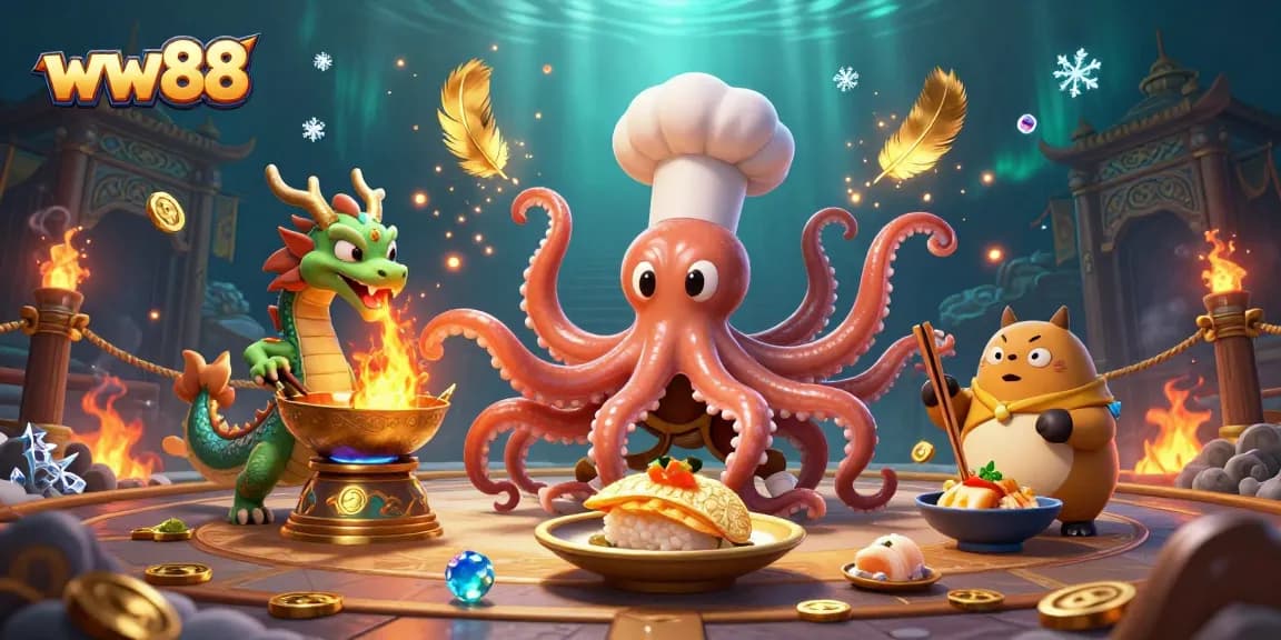 Experience thrilling action at ww88 with a vibrant underwater casino scene featuring an octopus chef, dragon, and tanuki.