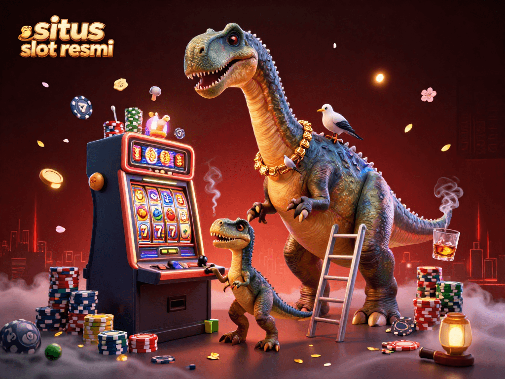 Experience the excitement with situs slot resmi, featuring a vibrant 3D scene of characters interacting with slot machines and rich casino elements.