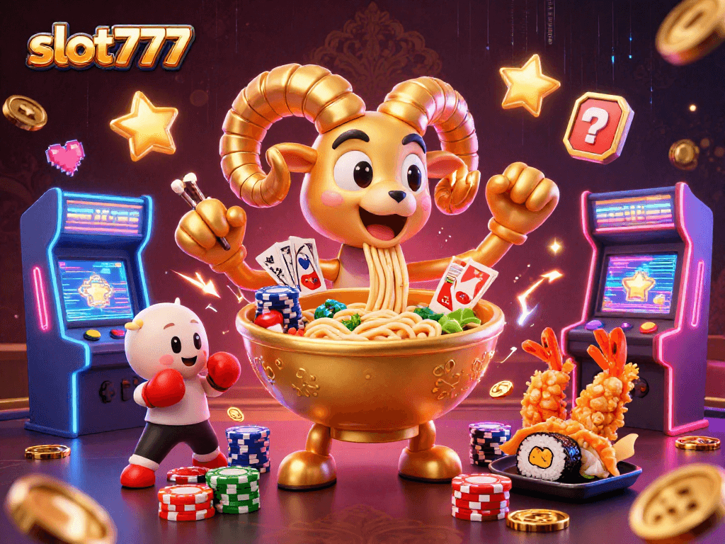 Menangkan permainan slot777 dengan ilustrasi menarik dari karakter unik dan mesin permainan yang penuh warna.