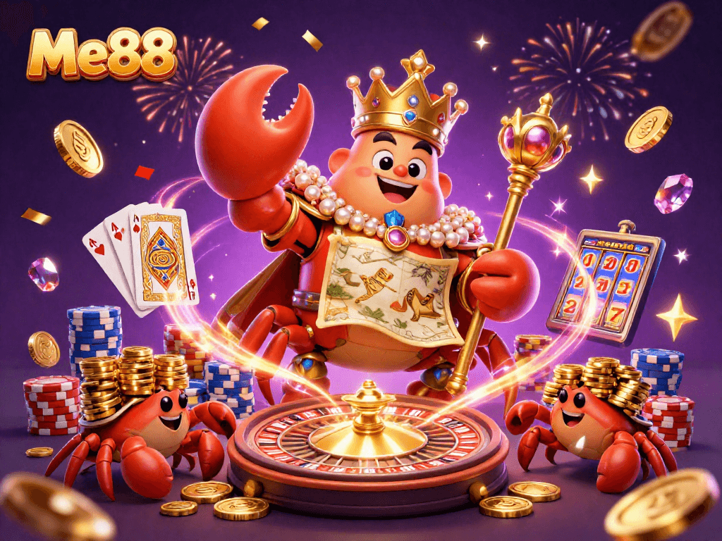Engage with Me88's thrilling online casino experience featuring the golden crab emperor amidst a dynamic gaming scene.