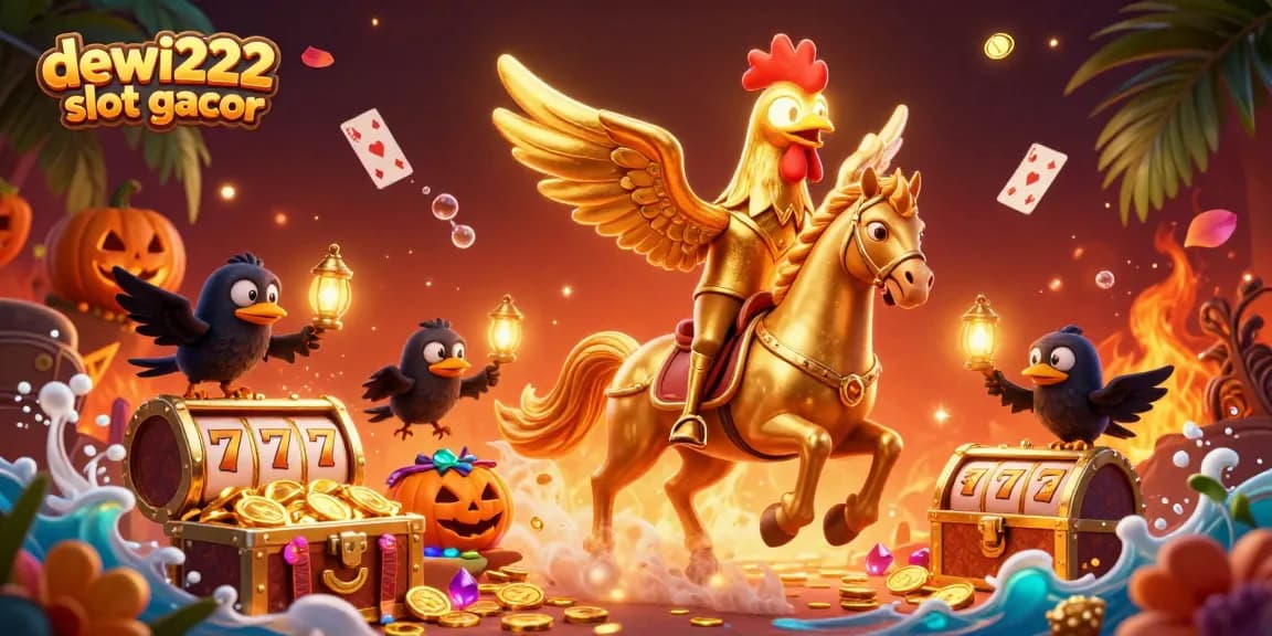 Experience dewi222 slot gacor with a vibrant illustration of a golden rooster in a midnight casino, capturing the thrill of gaming.