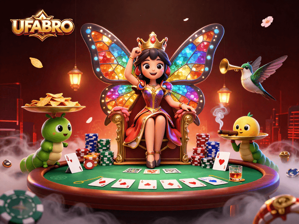 Bet on UFABRO, the rich casino illustration shows a butterfly queen, poker elements, and a vibrant atmosphere.