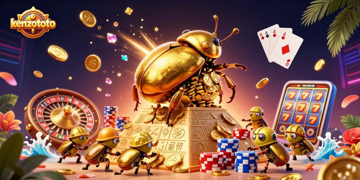 Kenzototo showcases an exciting gaming scene with a golden beetle and spinning roulette wheel.