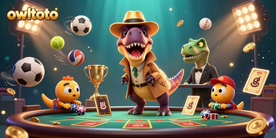 Experience exciting gaming at owltoto with a dynamic scene featuring casino characters and vibrant sports elements.