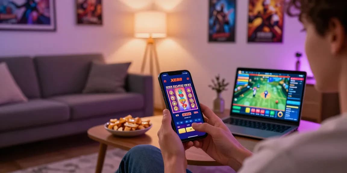 Player enjoying the XE88 gaming experience on mobile in cozy living room.