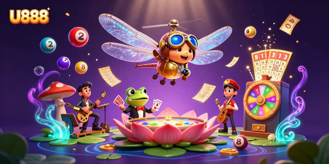 Experience U888's vibrant casino scene with colorful lottery balls and dynamic gaming elements.