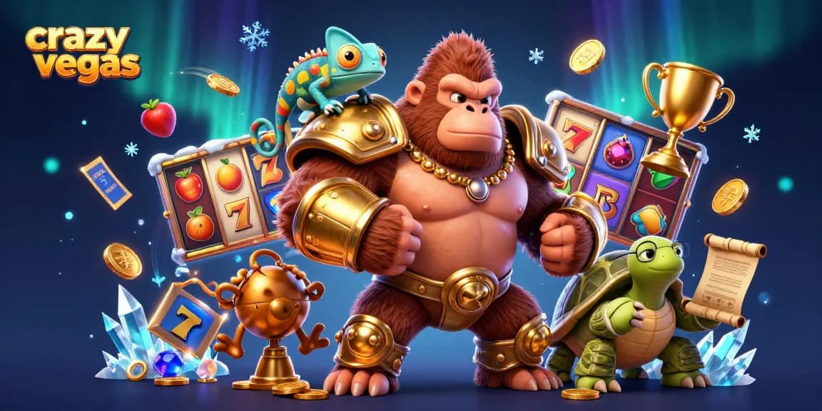 Experience the thrill of crazyvegas with a gorilla king in armor surrounded by slot reels and colorful casino elements.