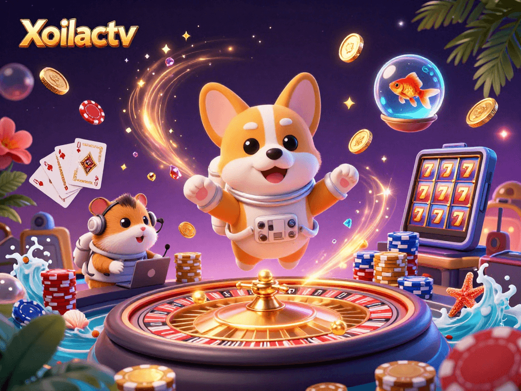 Xoilactv brings excitement with a floating corgi astronaut and vibrant casino elements