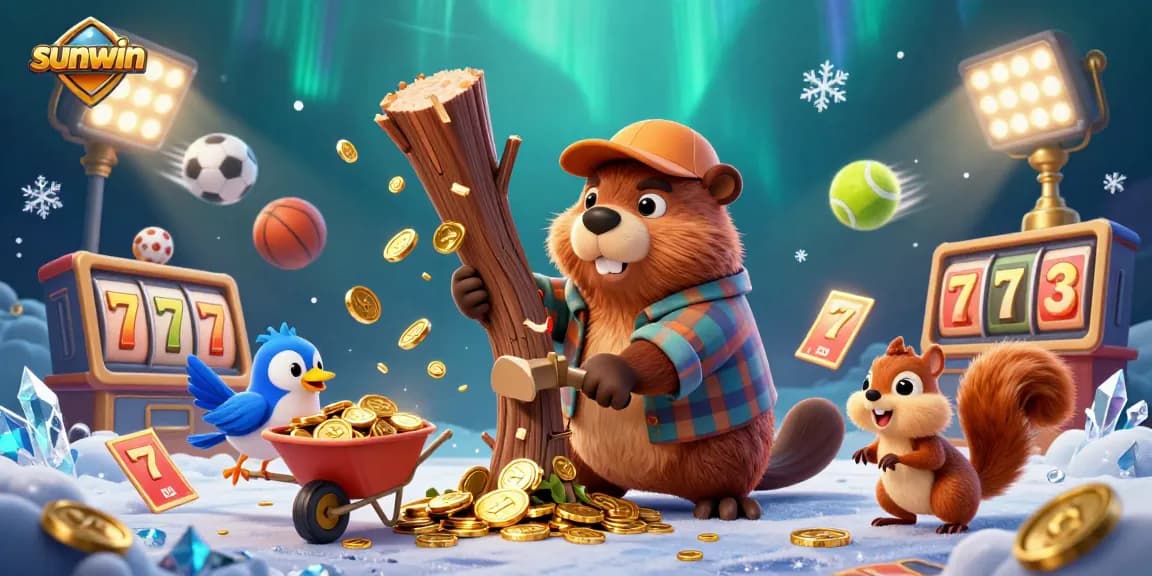 Sunwin showcases vibrant gambling action with cartoon characters collecting golden coins in a thrilling casino setting.