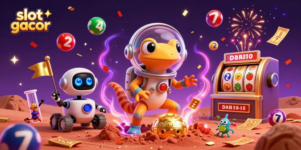 Menang besar dengan slot gacor dalam ilustrasi kasino luar angkasa yang ceria.