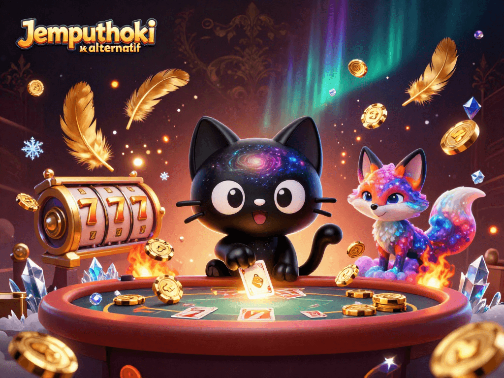 Engage with Jemputhoki link alternatif at this vibrant cosmic casino illustration featuring animated characters and slot elements.