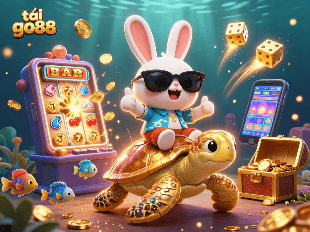 Experience excitement and thrill as you tải go88 with a vibrant illustration featuring joyous characters and dynamic casino elements.