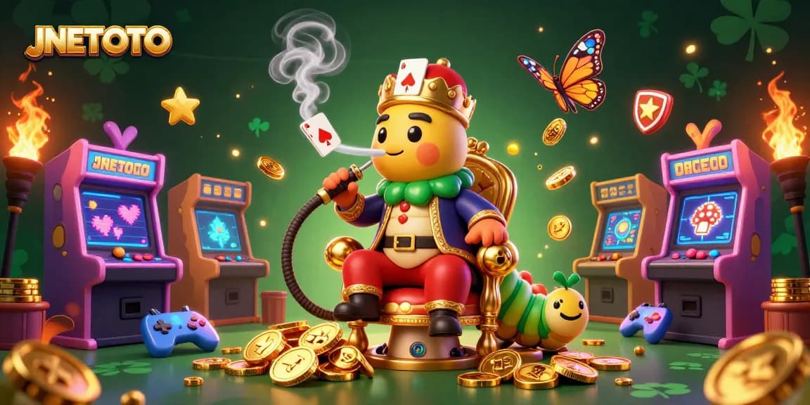 JNETOTO menampilkan ilustrasi kasino 3D yang kaya detail dengan karakter unik dan simbol permainan yang bersemangat.