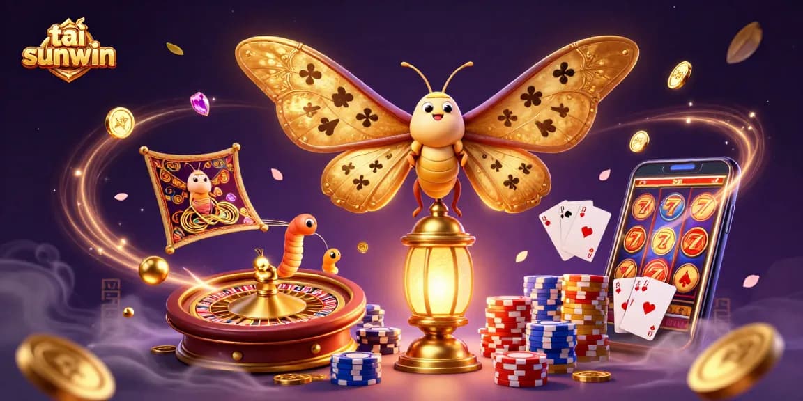 Taking a chance with tải sunwin app in an illuminated casino scene featuring a majestic moth and vibrant gaming elements.