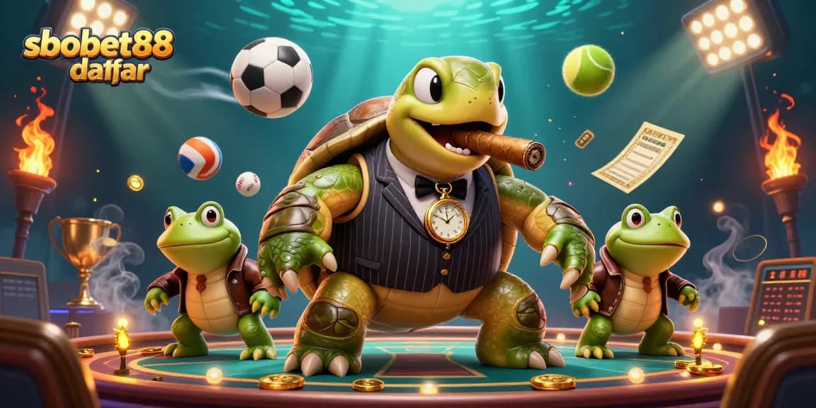Bet on sbobet88 daftar with a vibrant illustration featuring a mobster turtle, frog enforcers, and dynamic sports elements.