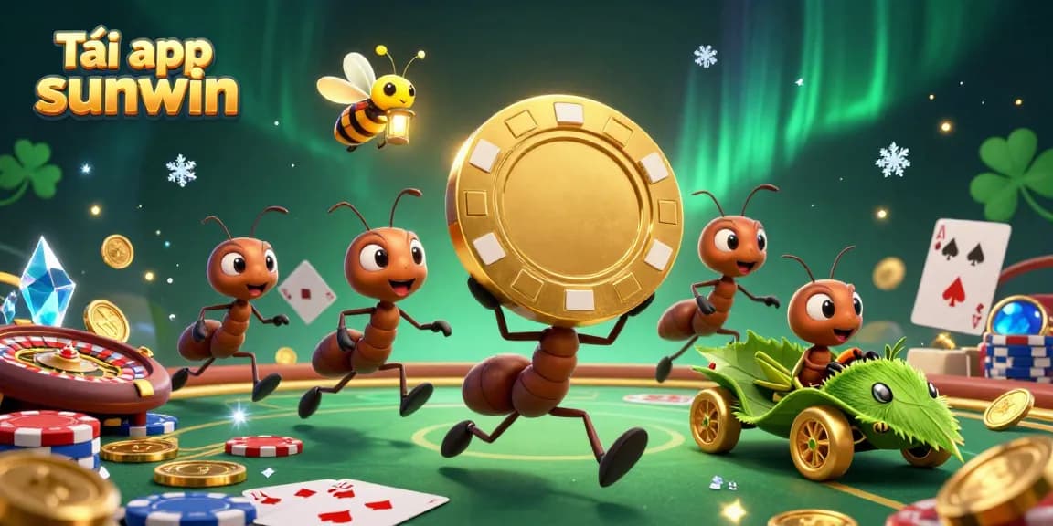 Engage with the thrilling scene of Tải app sunwin as ants carrying a giant poker chip amid vibrant casino elements.