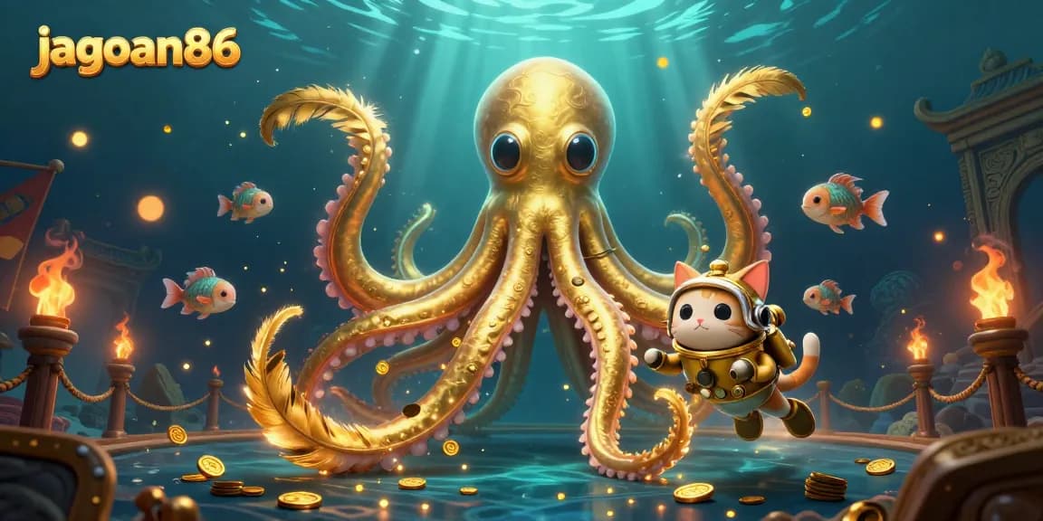 Engage with jagoan86's thrilling underwater adventure featuring a kraken and a vintage diving cat.