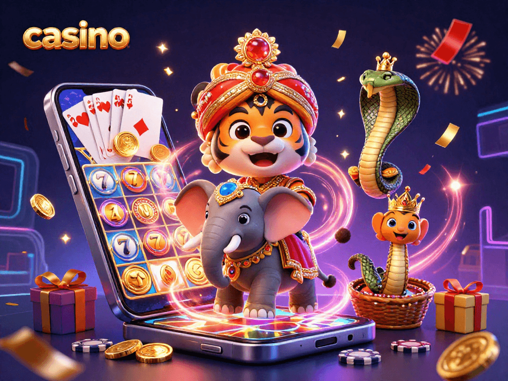 Play exciting games at casino with a vibrant scene featuring a maharaja and jubilant slot elements.