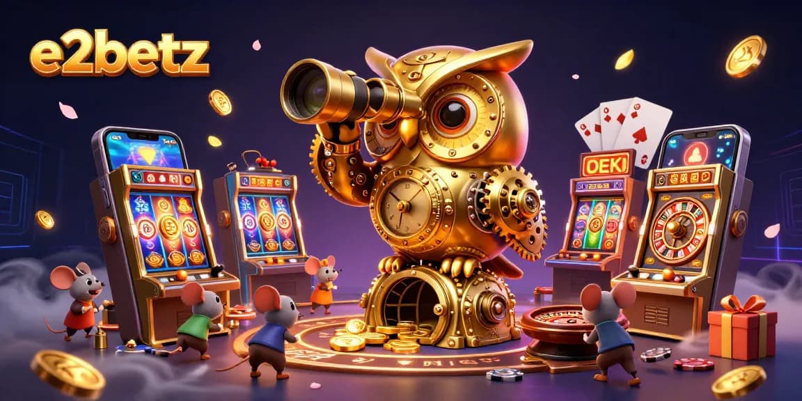 E2betz captivates players with a vibrant casino scene showcasing a clockwork owl observing colorful slots.