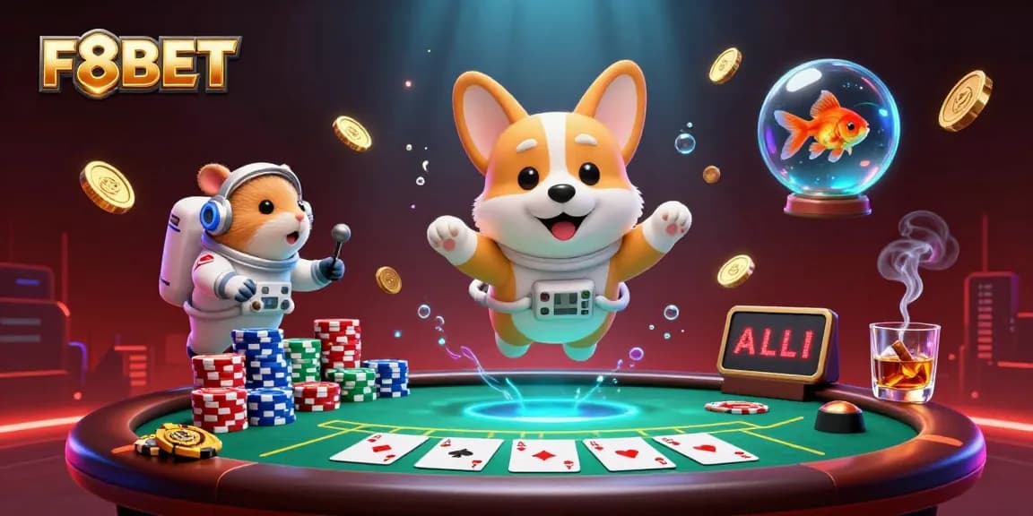 F8BET astronauts enjoy dynamic casino experience amidst floating poker chips and vibrant colors.